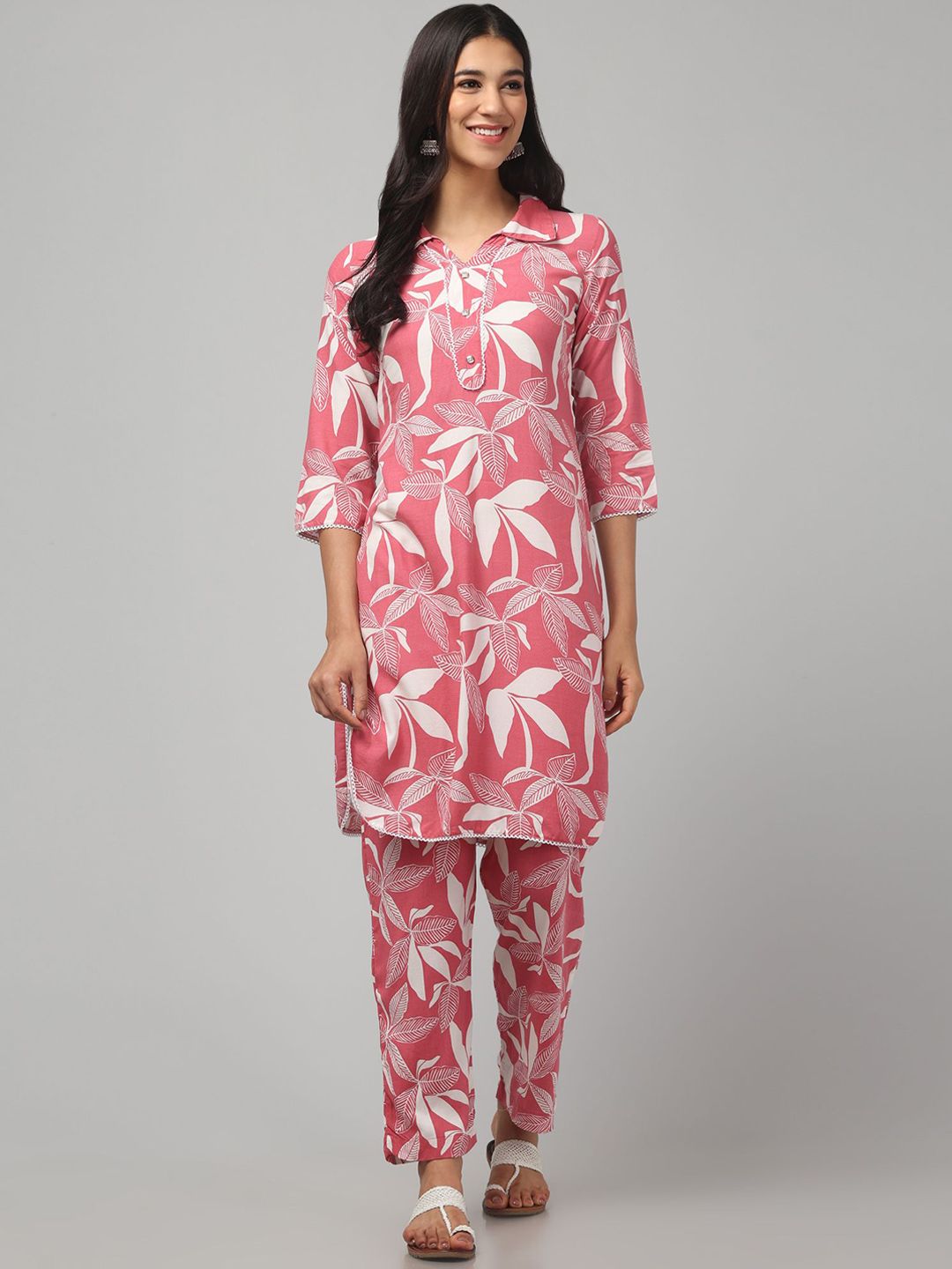 CROWN KING Floral Printed Shirt Collar Pure Cotton Kurta With Trousers