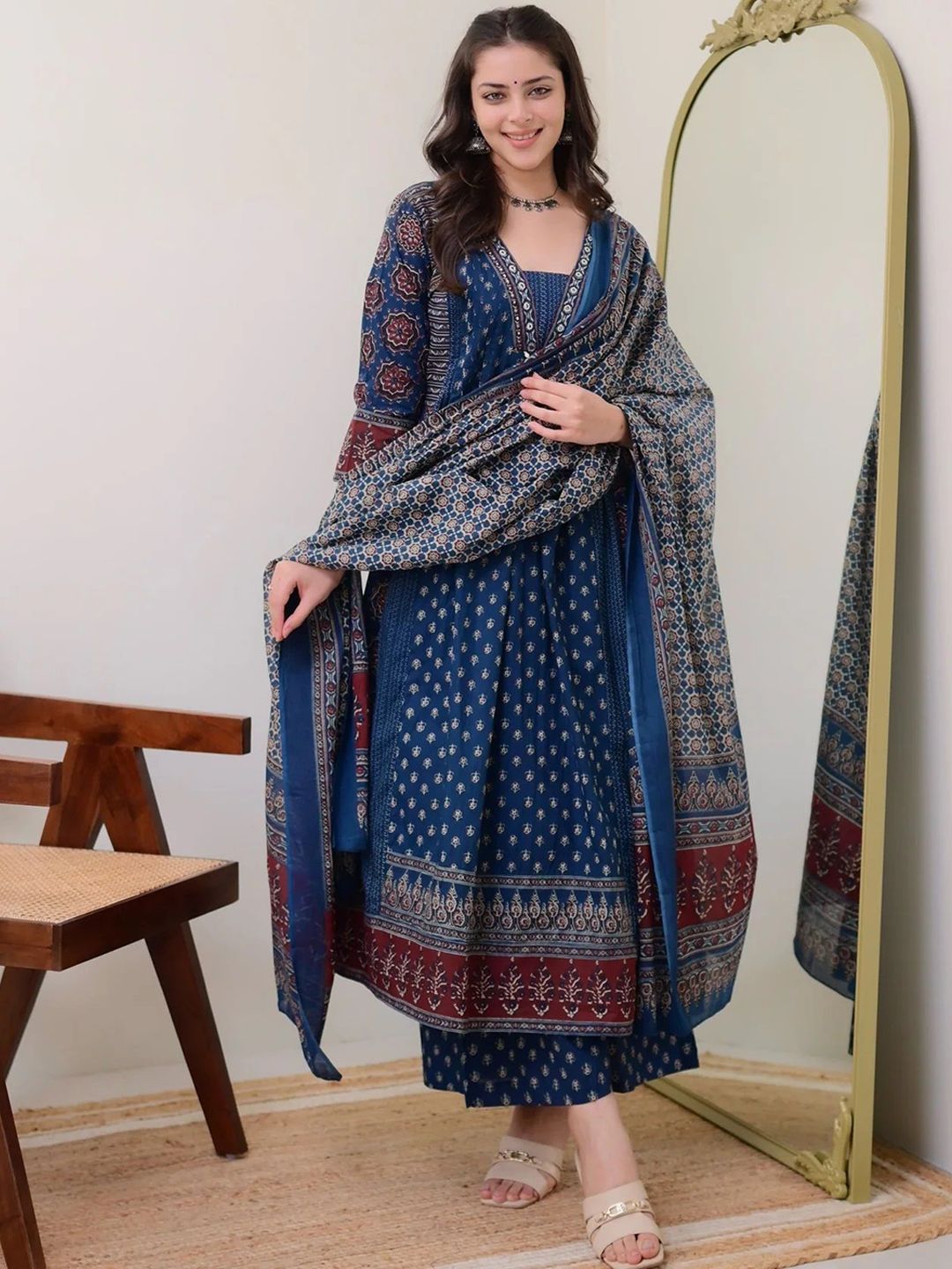 KALINI Floral Printed V Neck Anarkali Kurta With Trousers & Dupatta