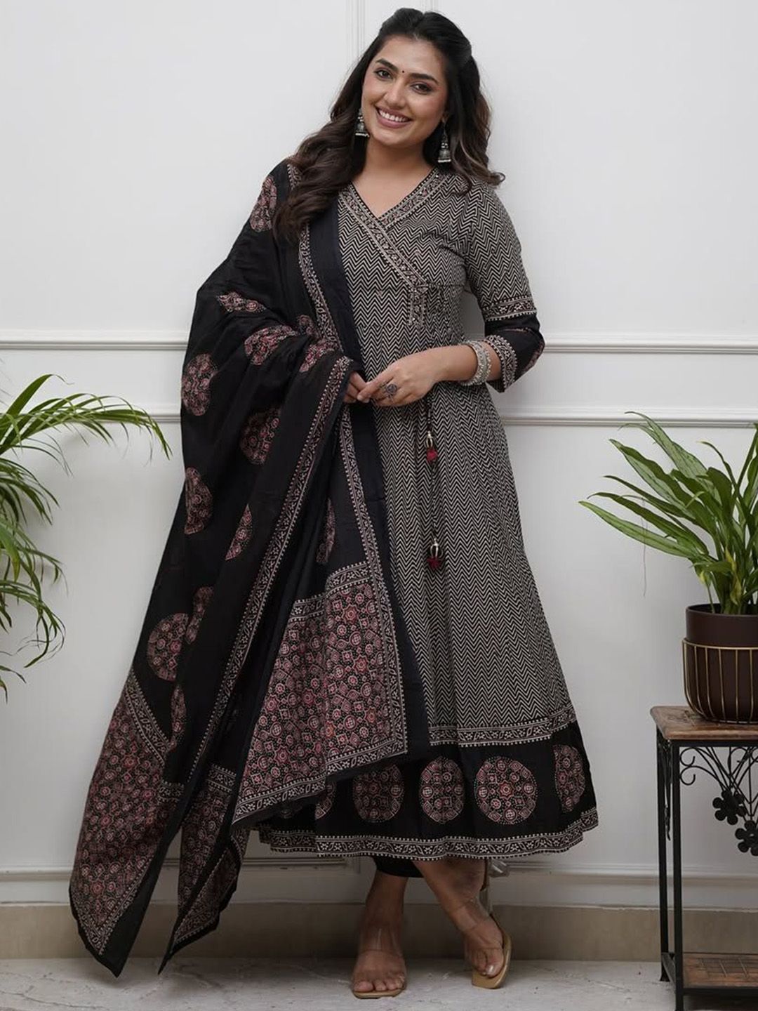 KALINI Chevron Printed V-Neck Angrakha A-Line Kurta With Trousers & Dupatta