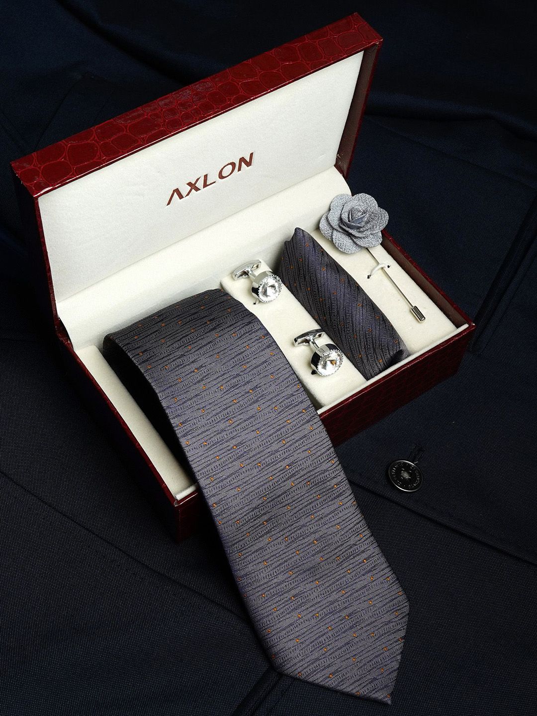 Axlon Men Geometric Tie, Cufflinks, Flower Pin & Pocket Square Accessory Gift Set-picture-14