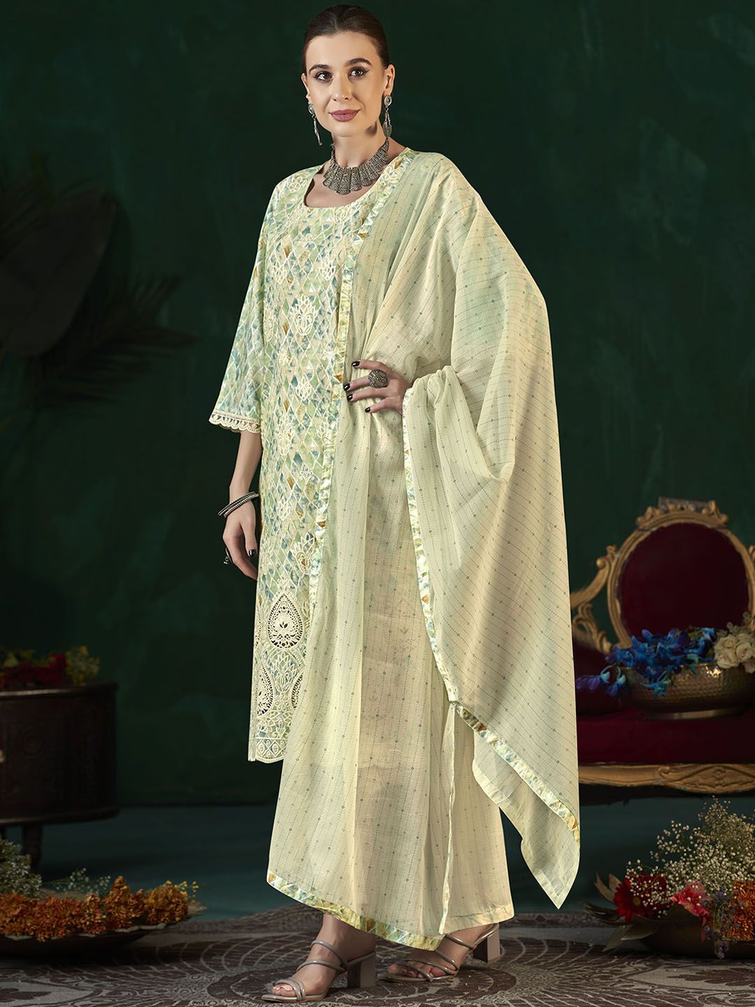 Anouk Women Ethnic Motifs Printed Regular Pure Cotton Kurta with Trousers & Dupatta