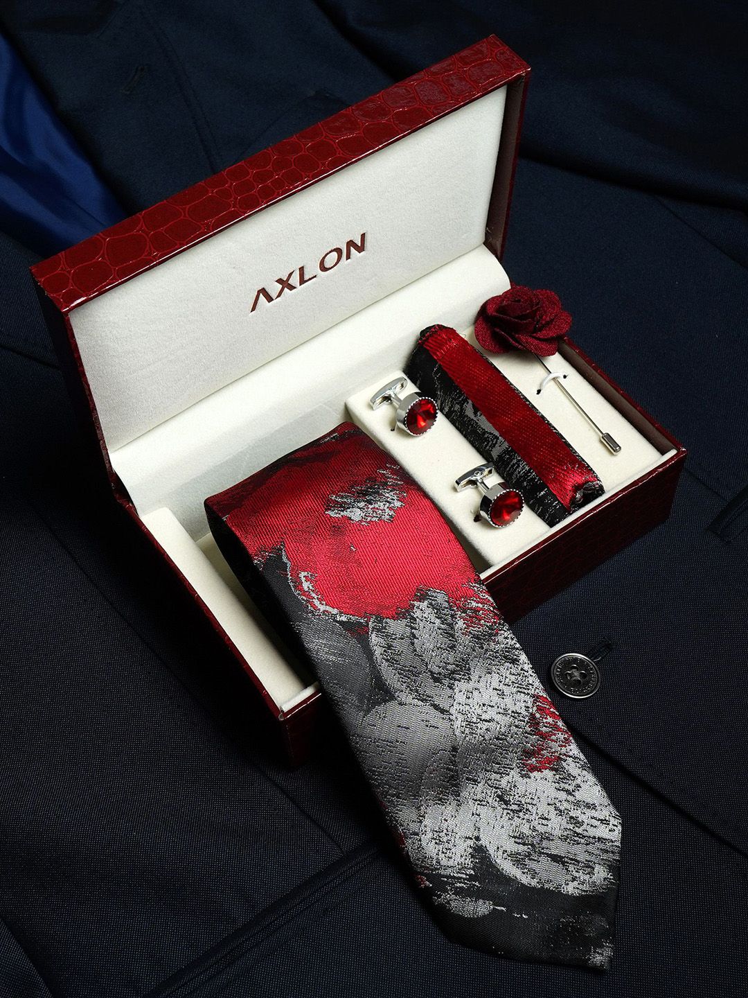 Axlon Men Floral Tie, Cufflinks, Flower Pin & Pocket Square Accessory Gift Set-picture-14