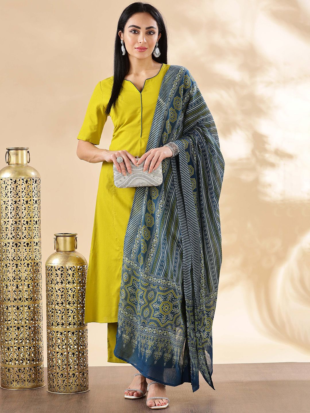 Anouk Women Solid Cotton Kurta with Palazzo & Dupatta