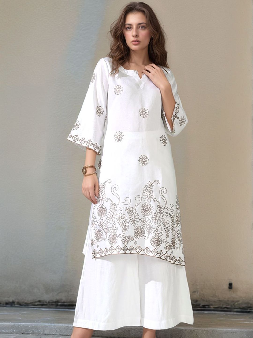 Sangria Wome Ethnic Motifs Embroidered Calf Length Kurta & Palazzo