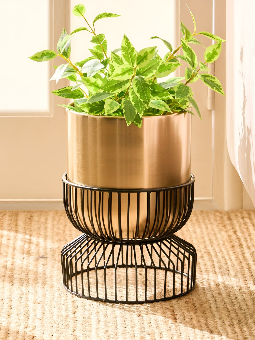 Home Centre Gardenia Shine Yellow & Black Textured Metal Floor Planter With Stand-picture-51