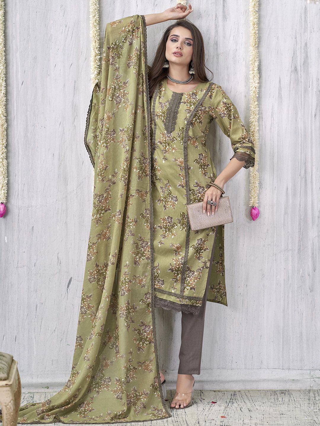 Anouk Floral Printed Panelled Thread Work Pure Cotton Kurta With Trousers & Dupatta