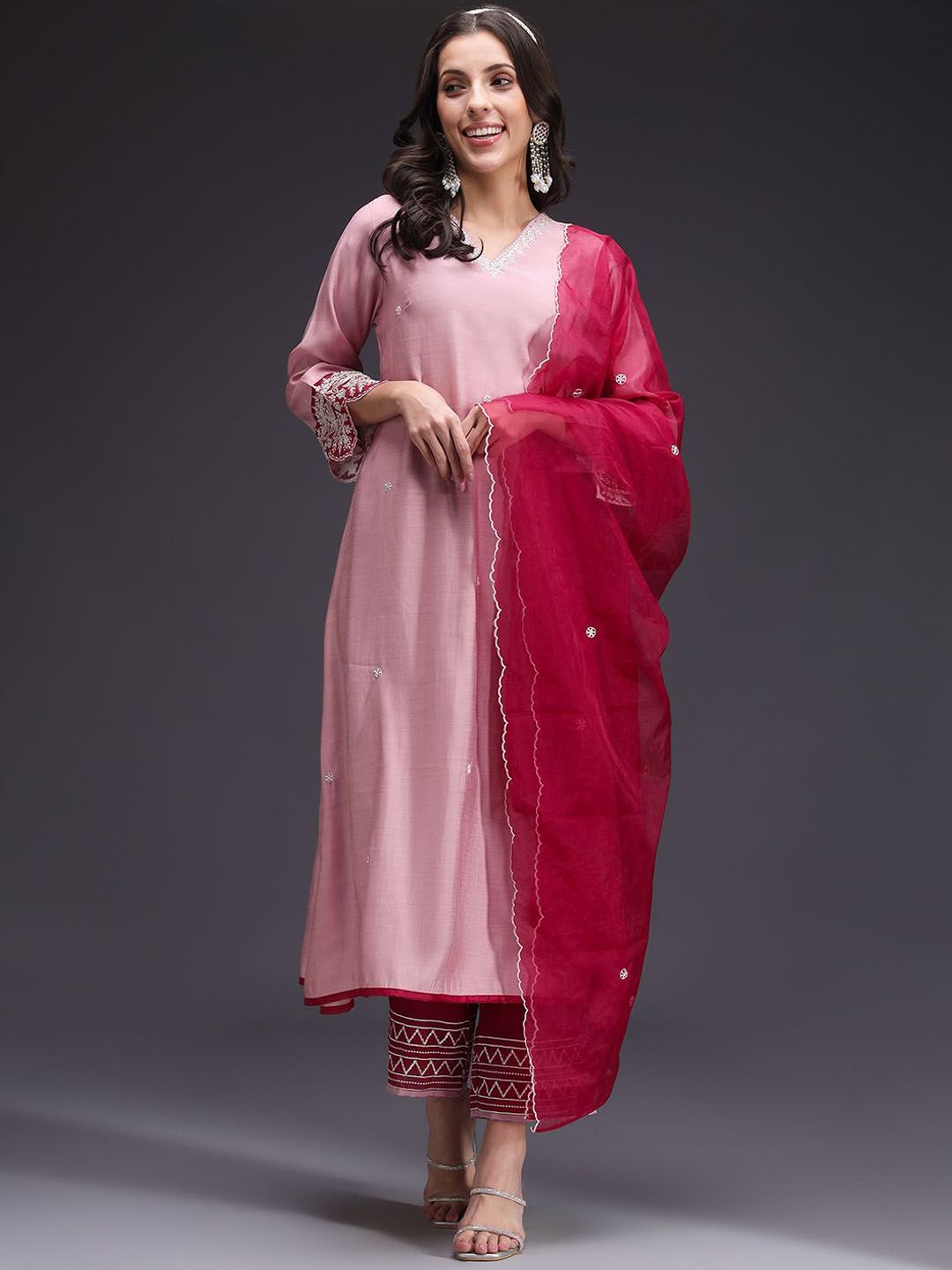Sangria Women Floral Embroidered Kurta with Trousers & Dupatta