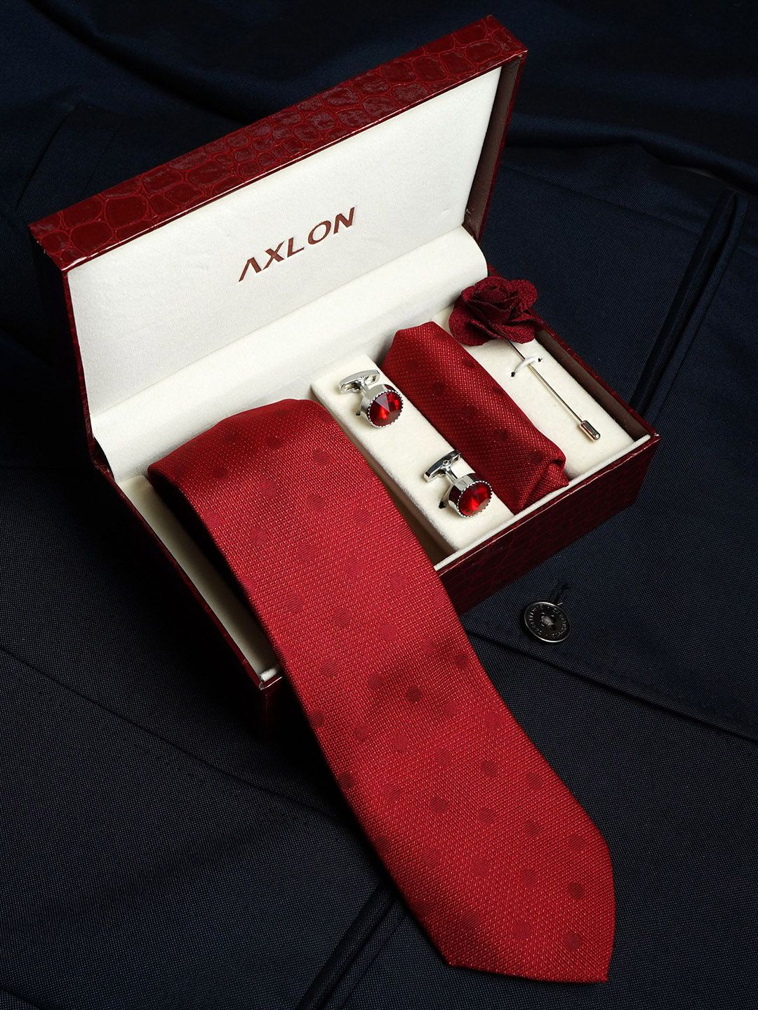 AXLON Men Tie Pocket Square Cufflink & Flower Pin Accessory Gift Set-image-45