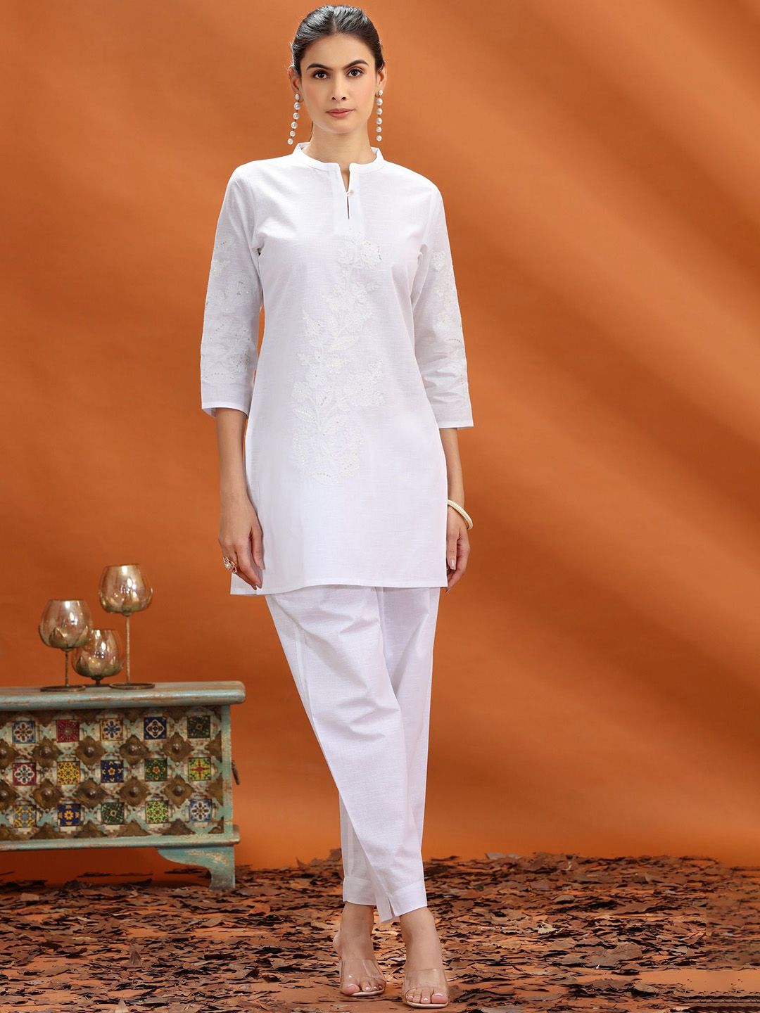 COTTON CULTURE Women Floral Embroidered Cotton Kurta with Trousers