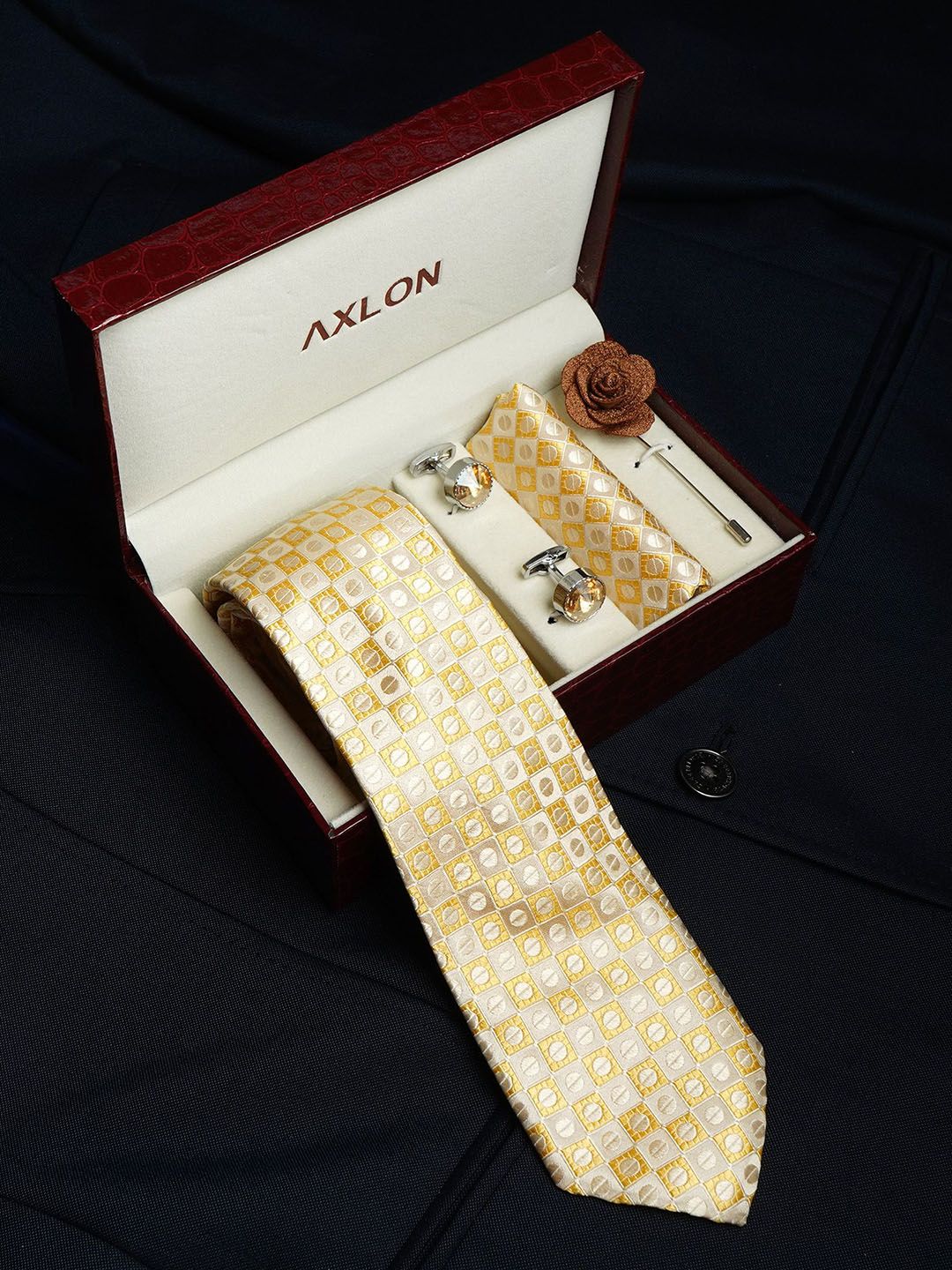 AXLON Men Geometric Tie Pocket Square Cufflink & Flower Pin Accessory Gift Set-picture-44