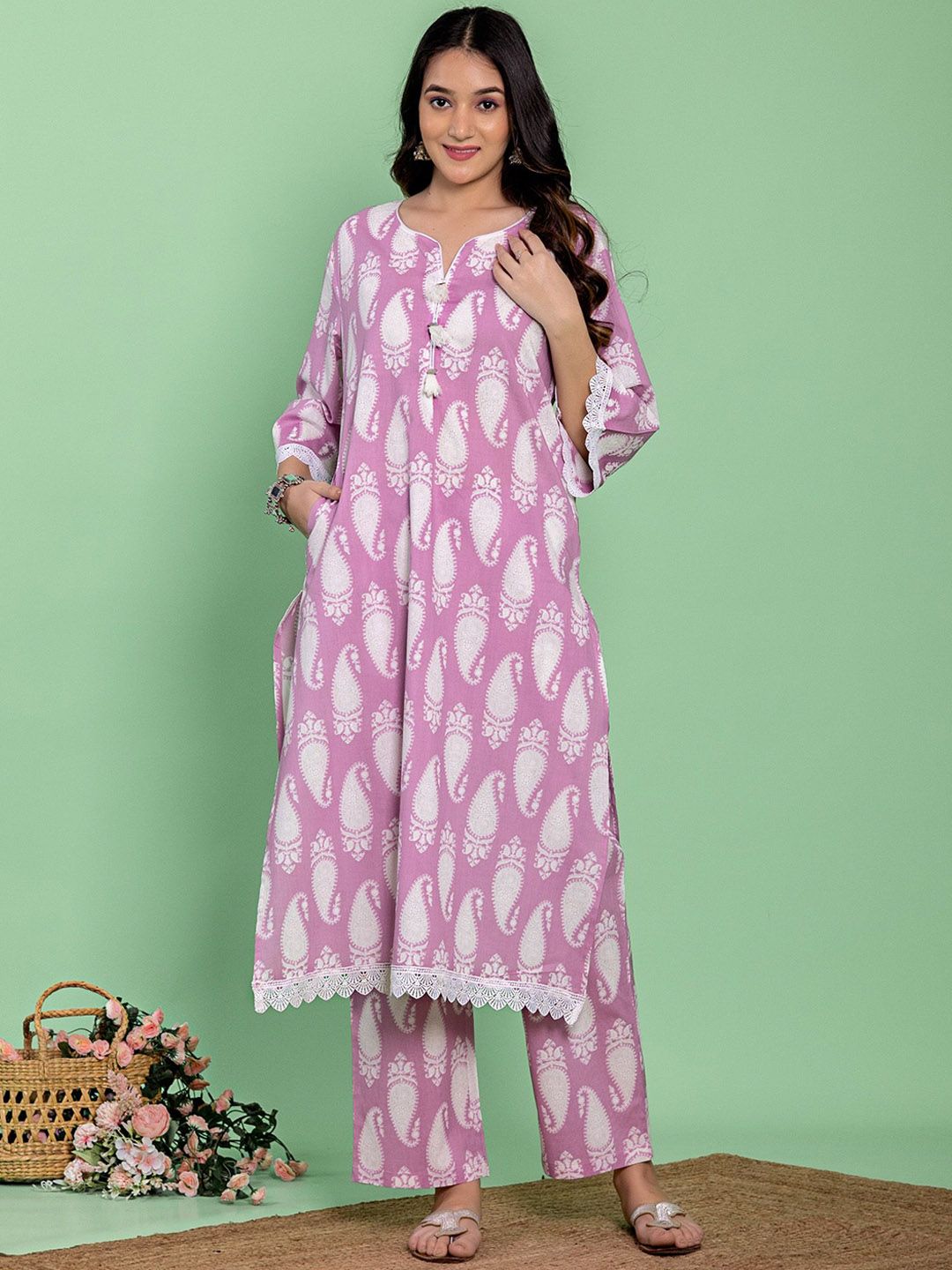 HERE&NOW Women Ethnic Motifs Printed Regular Pure Cotton Kurta with Palazzos