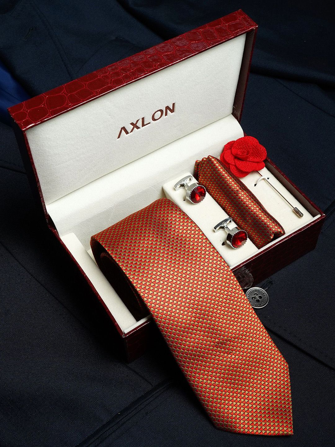 Axlon Men Geometric Tie, Cufflinks, Flower Pin & Pocket Square Accessory Gift Set-picture-13