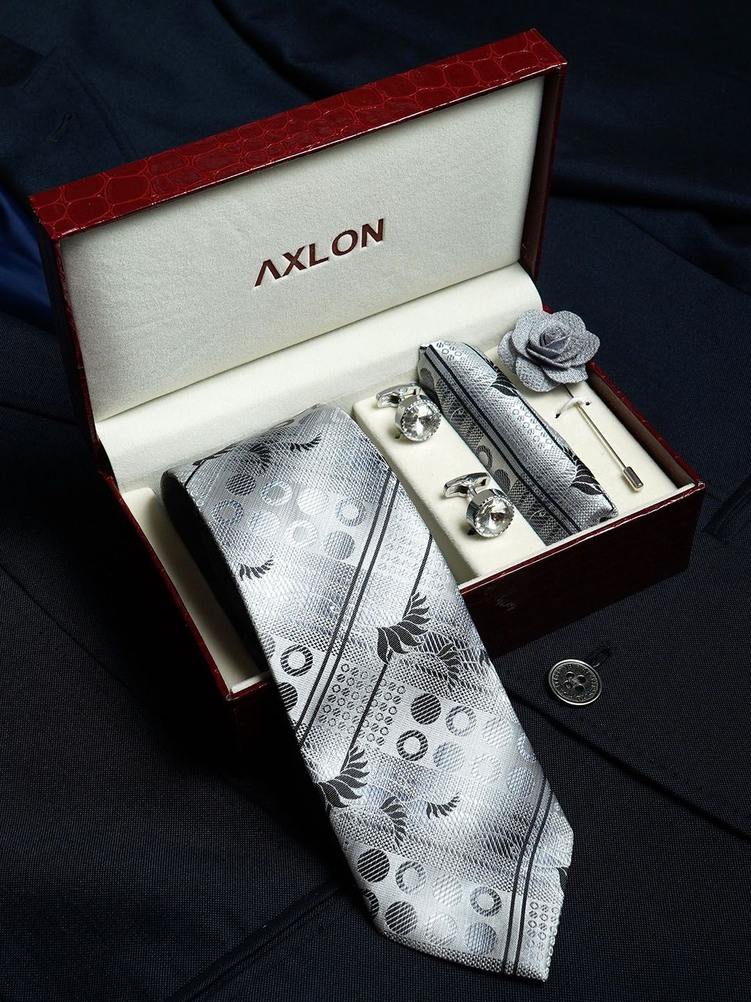 Axlon Men Geometric Tie, Cufflinks, Flower Pin & Pocket Square Accessory Gift Set-picture-11