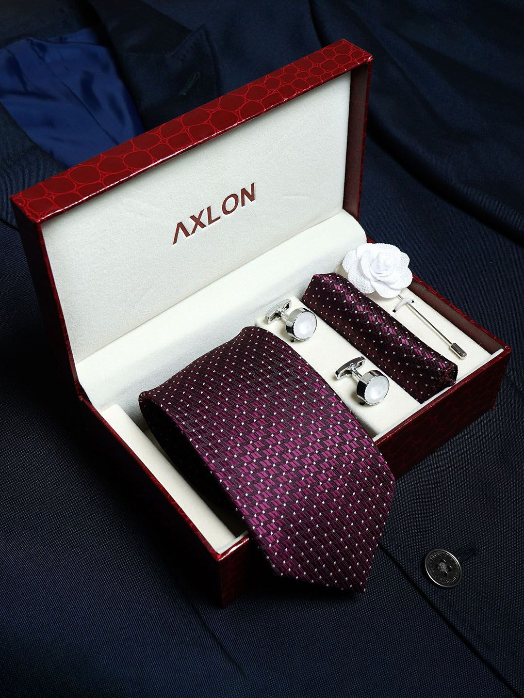 AXLON Men Micro Dotted Tie Pocket Square Cufflink & Flower Pin Accessory Gift Set-picture-10