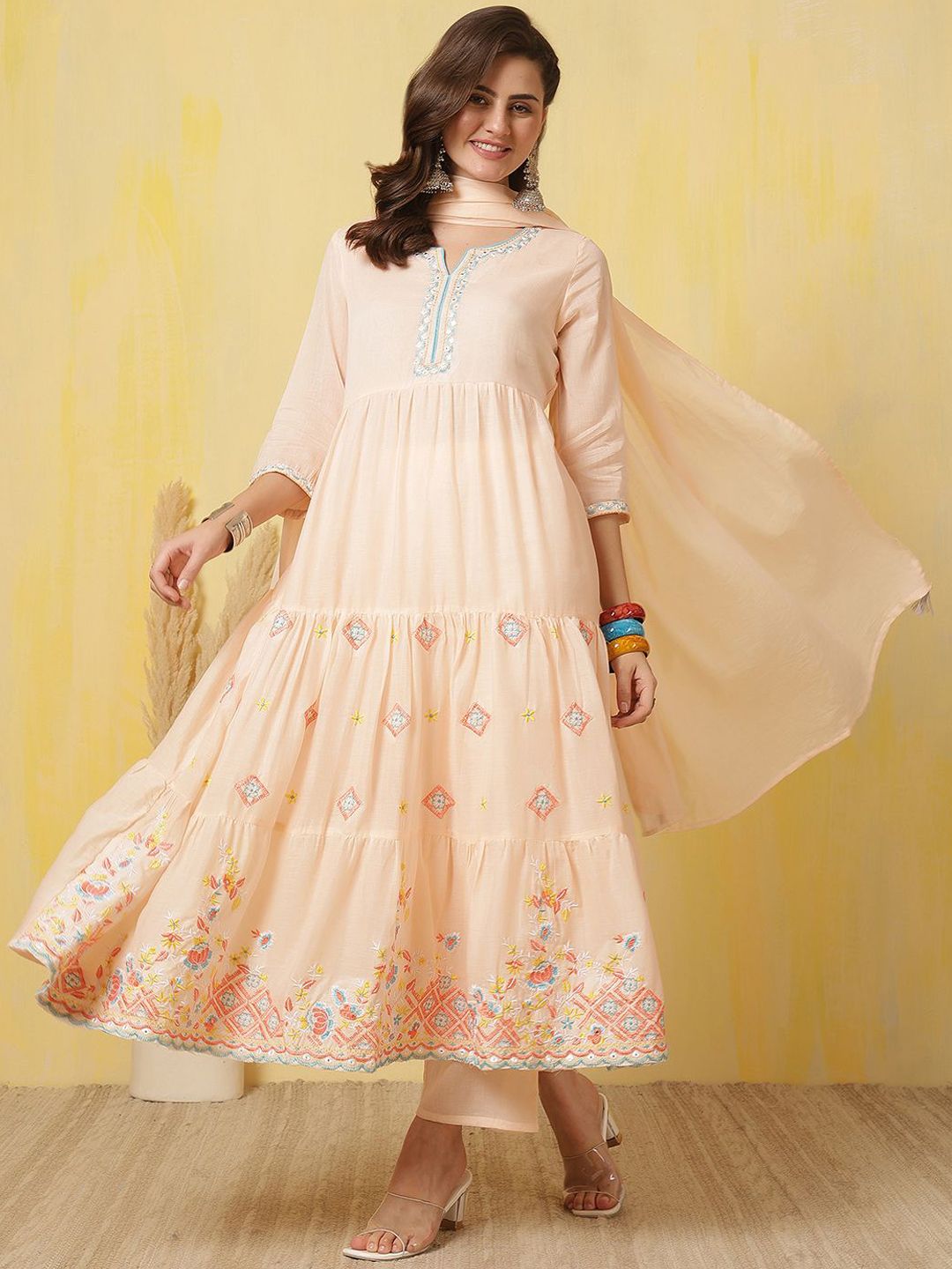 Anouk Ethnic Motifs Embroidered Notch Neck Empire Anarkali Kurta With Trousers & Dupatta