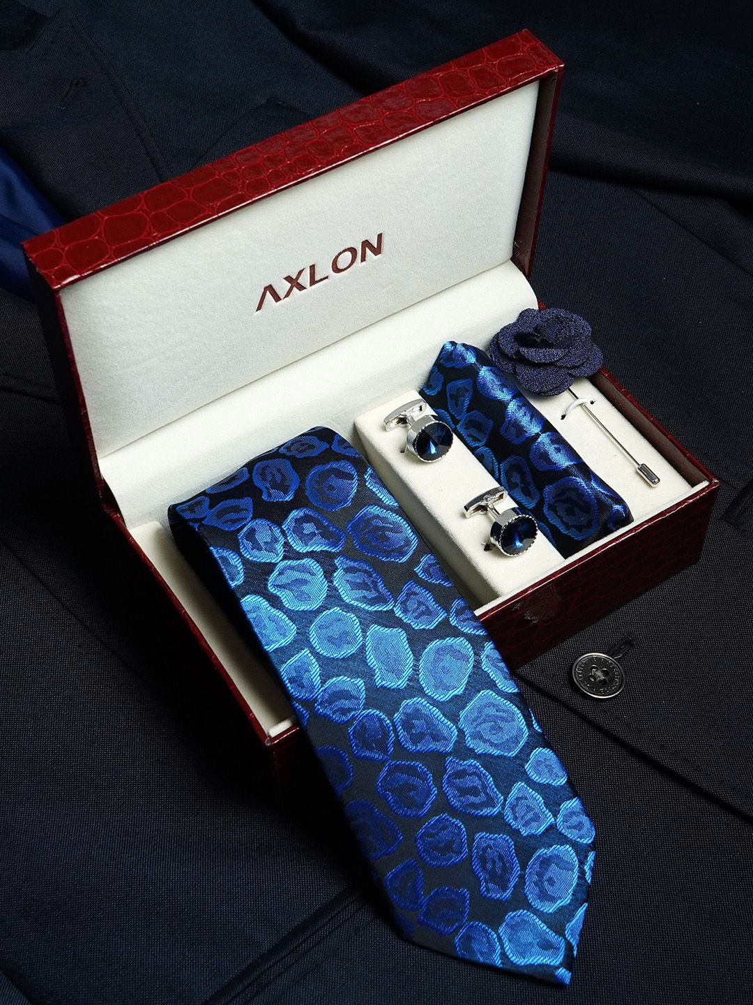 Axlon Men Geometric Tie, Cufflinks, Flower Pin & Pocket Square Accessory Gift Set-picture-34