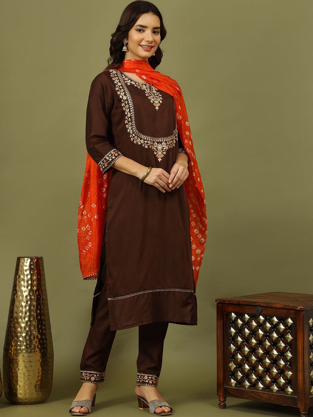 Sangria Women Floral Embroidered Kurta with Trousers & Dupatta