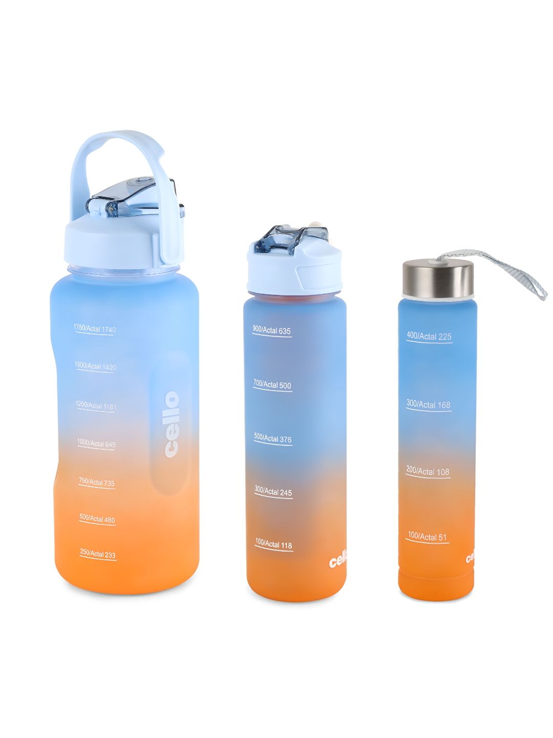 Cello Blue & Orange 3 Pieces Motivational Gym Colourblocked BPA Free Water Bottle- 310 ml