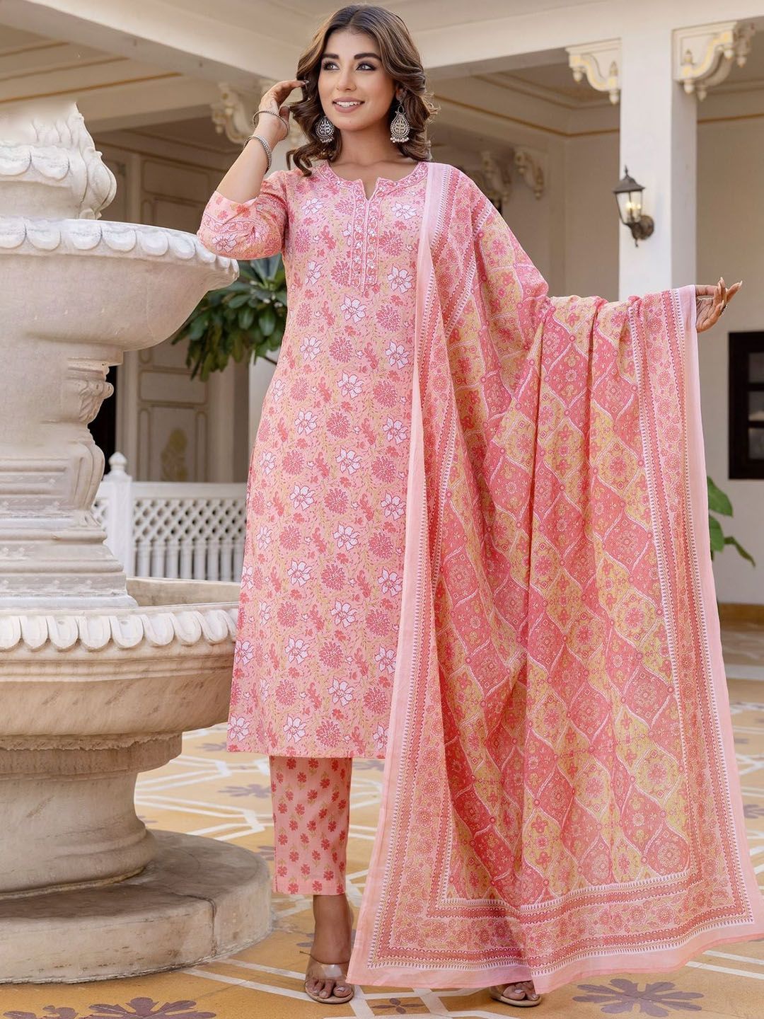 Kohsh Floral Printed Notch Neck Pure Cotton Kurta With Trousers & Dupatta