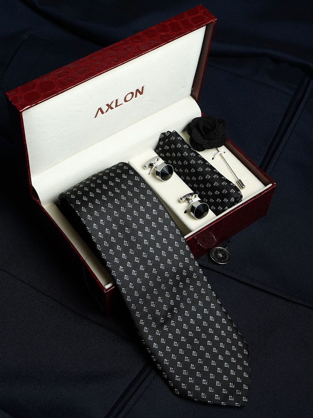 Axlon Men Geometric Tie, Cufflinks, Flower Pin & Pocket Square Accessory Gift Set-picture-37