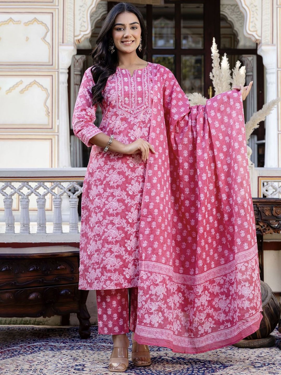 Kohsh Women Floral Printed Sequinned Pure Cotton Kurta with Trousers & With Dupatta