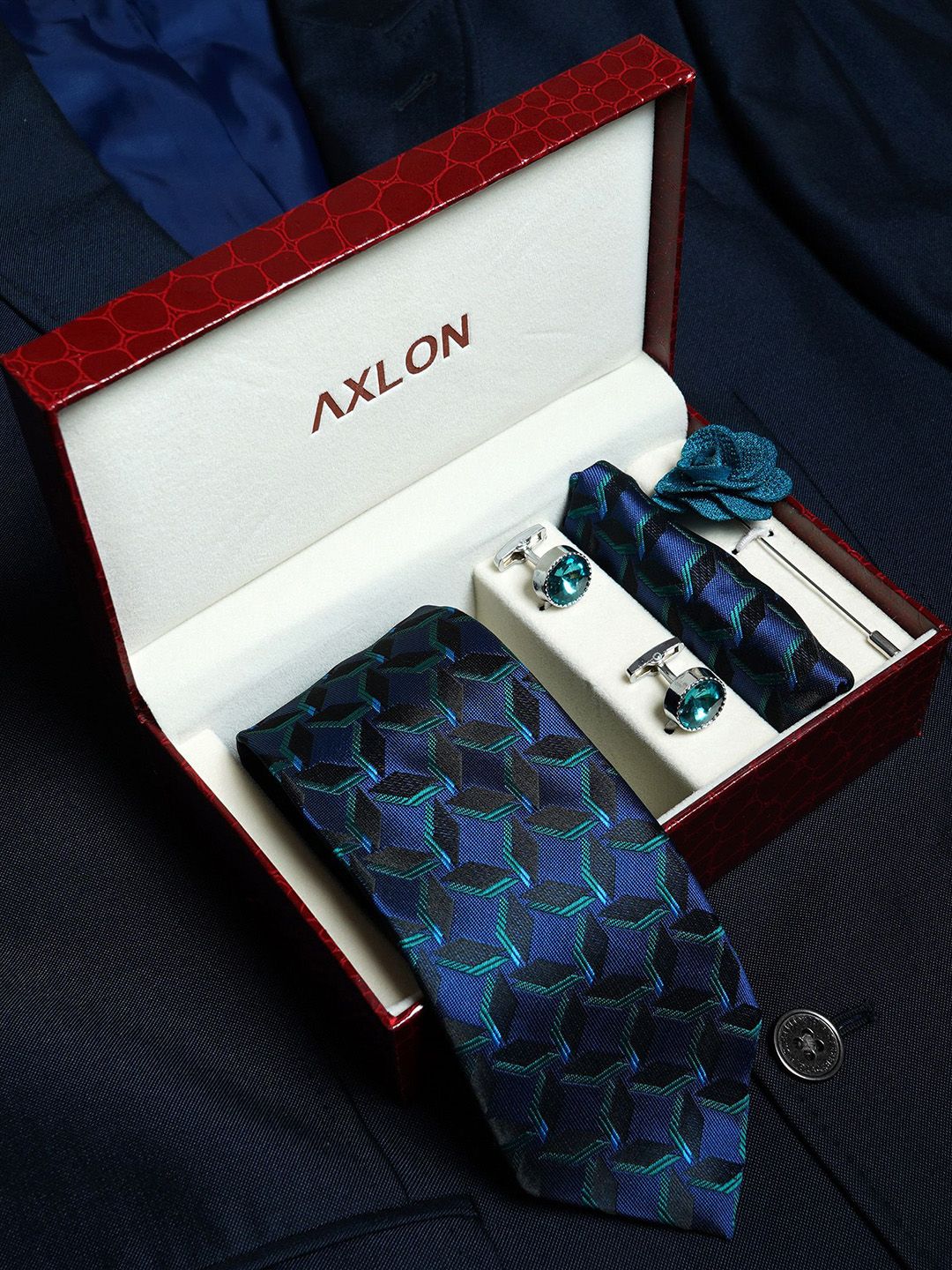 Axlon Men Geometric Tie, Cufflinks, Flower Pin & Pocket Square Accessory Gift Set-picture-10