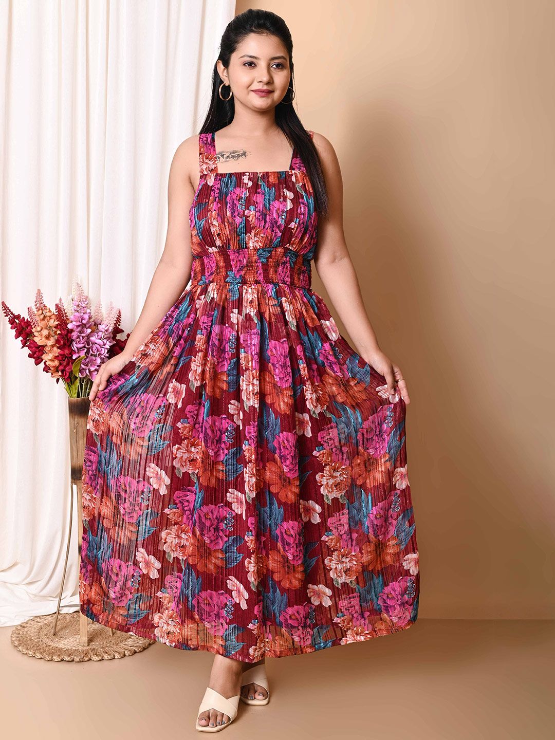 BAESD Women Floral Print Smocked Fit and Flare Maxi Dress-picture-24