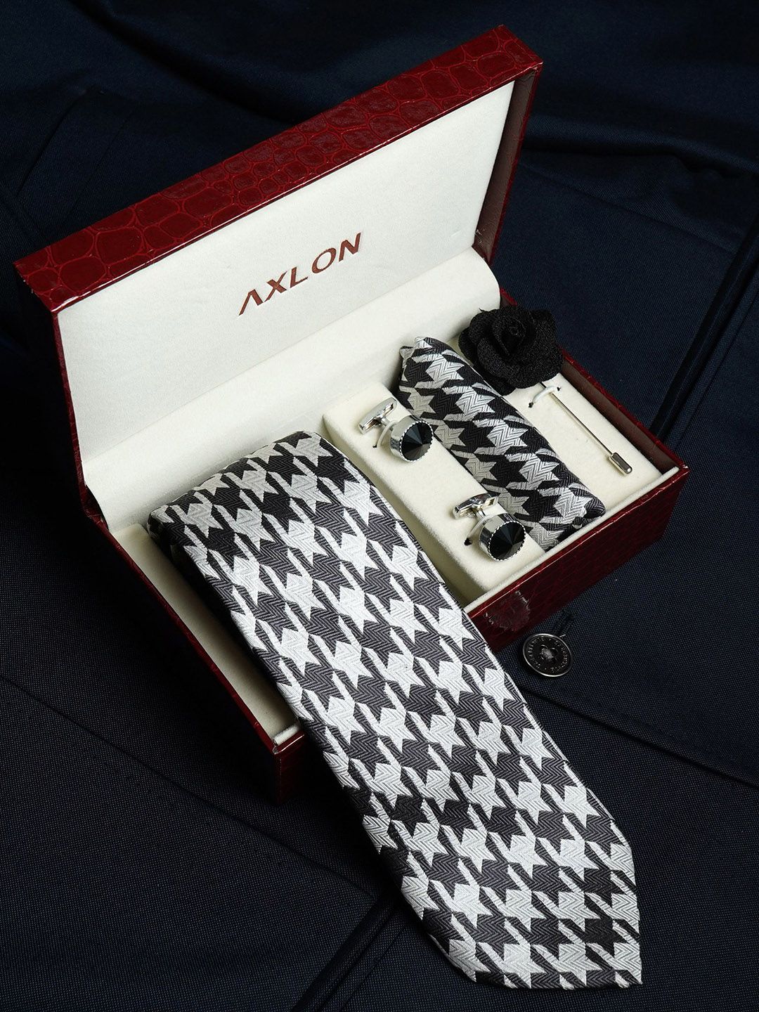 AXLON Men Geometric Tie Pocket Square Cufflink & Flower Pin Accessory Gift Set-picture-5