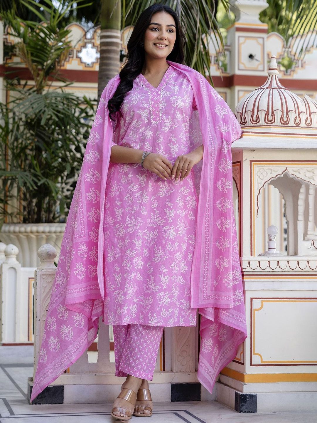 Kohsh Floral Printed V Neck Mirror Work Pure Cotton Kurta With Trousers & Dupatta