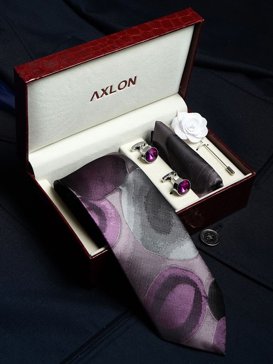 Axlon Men Geometric Tie, Cufflinks, Flower Pin & Pocket Square Accessory Gift Set-picture-9