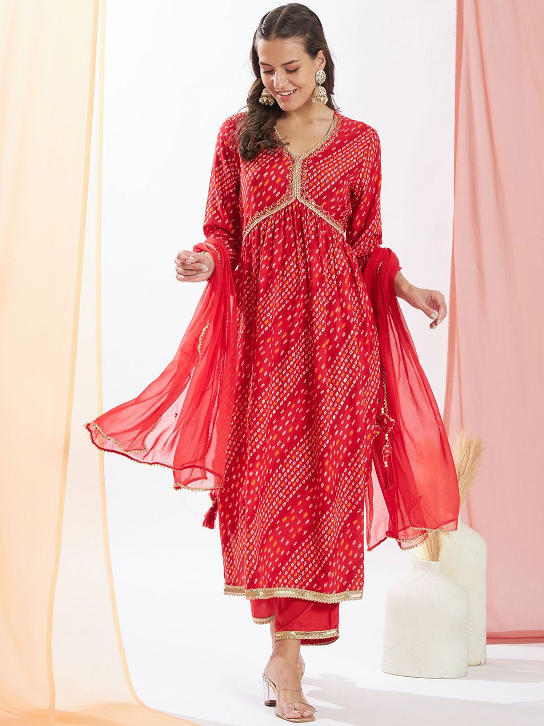 Sangria Women Bandhani Printed Kurta with Palazzo & Dupatta