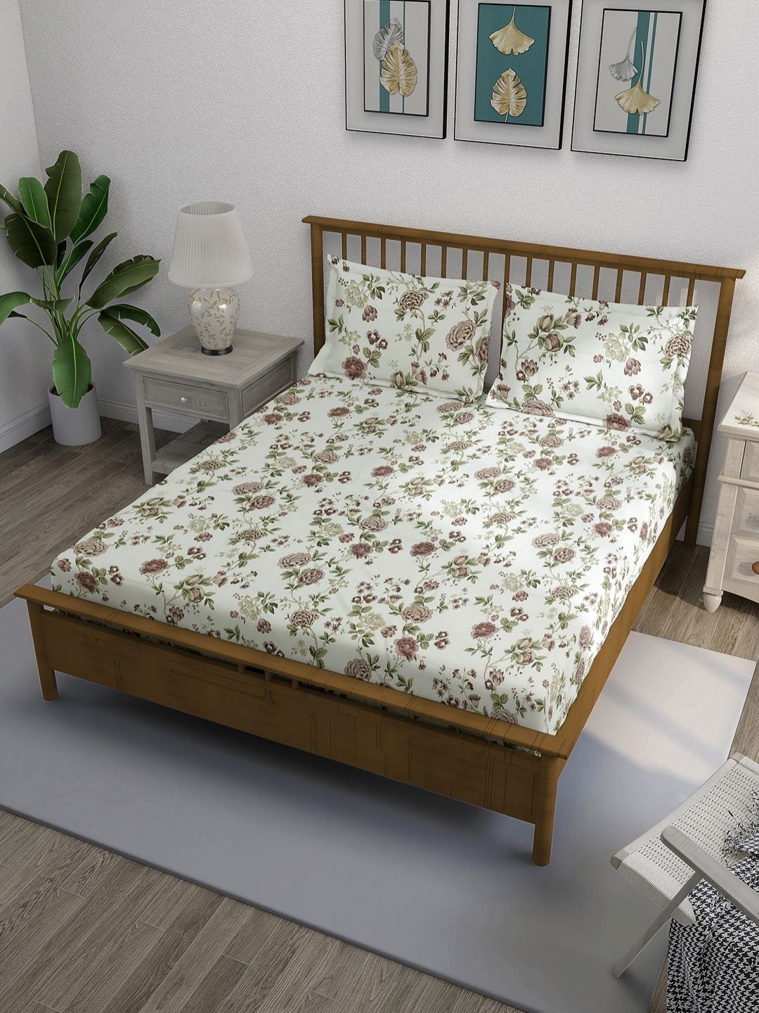 SWAYAM White & Brown Floral Printed Cotton 240 TC Fitted King Bedsheet Set-1.83 m x 1.96 m-picture-13