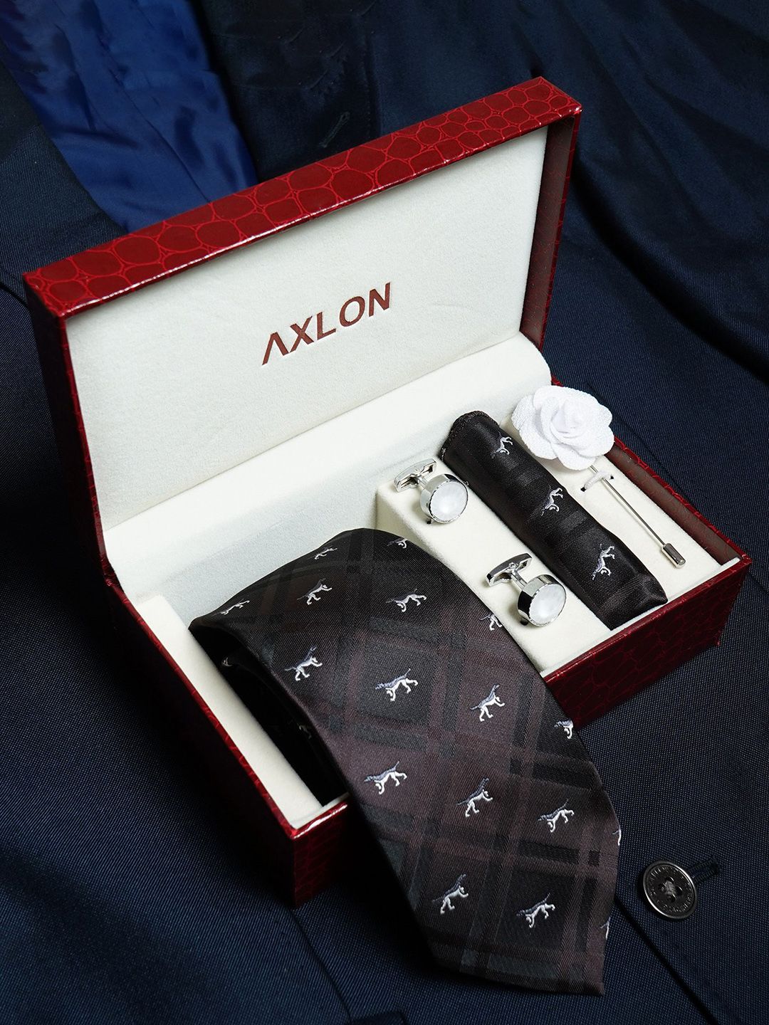 Axlon Men Animal Printed Tie, Cufflinks, Flower Pin & Pocket Square Accessory Gift Set-picture-36