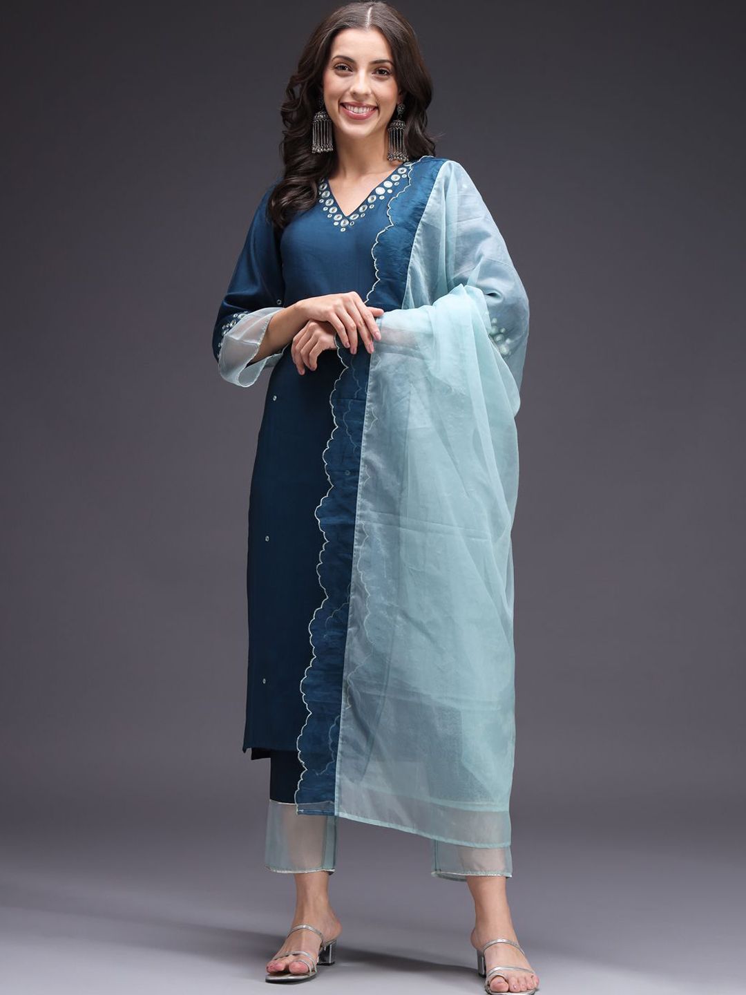 Sangria Women Geometric Embroidered Kurta with Trousers & Dupatta