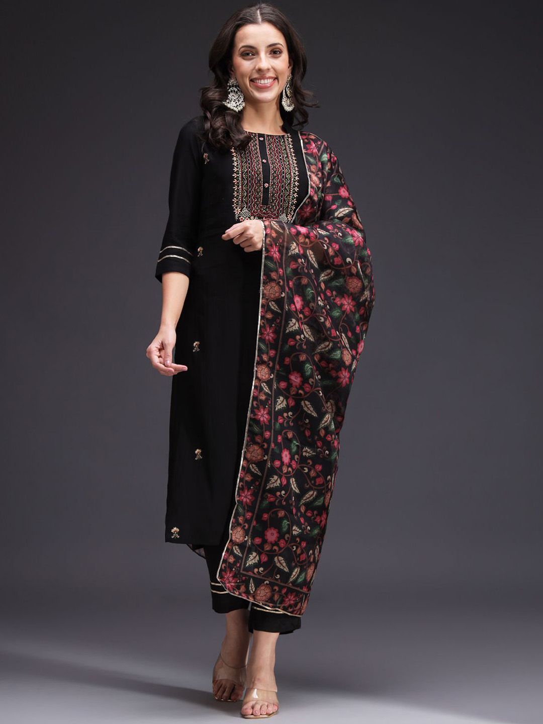 Sangria Women Floral Embroidered Kurta with Trousers & Dupatta