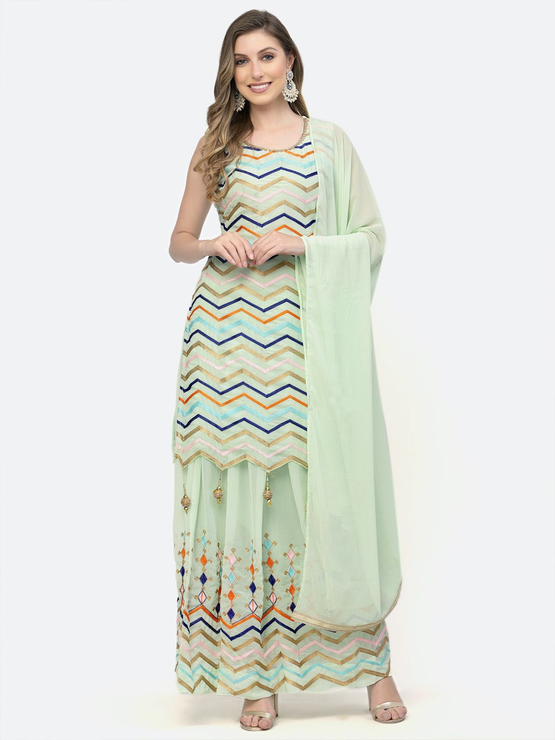 TS LIFESTYLE Women Striped Printed Kurta with Skirt & Dupatta