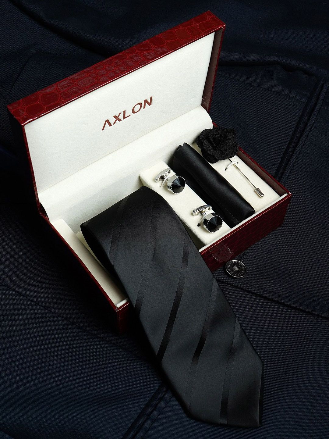 AXLON Men Striped Tie Pocket Square Cufflink & Flower Pin Accessory Gift Set-picture-54