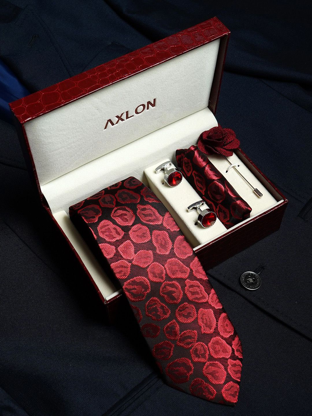 Axlon Men Geometric Tie, Cufflinks, Flower Pin & Pocket Square Accessory Gift Set-picture-46