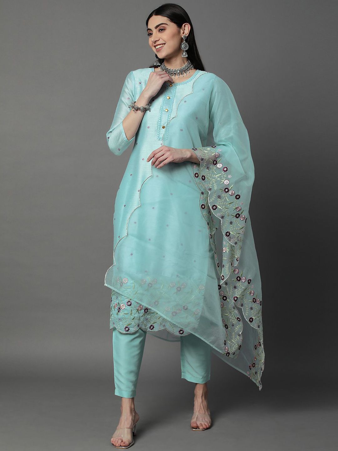 Sangria Women Floral Embroidered Kurta with Trousers & Dupatta