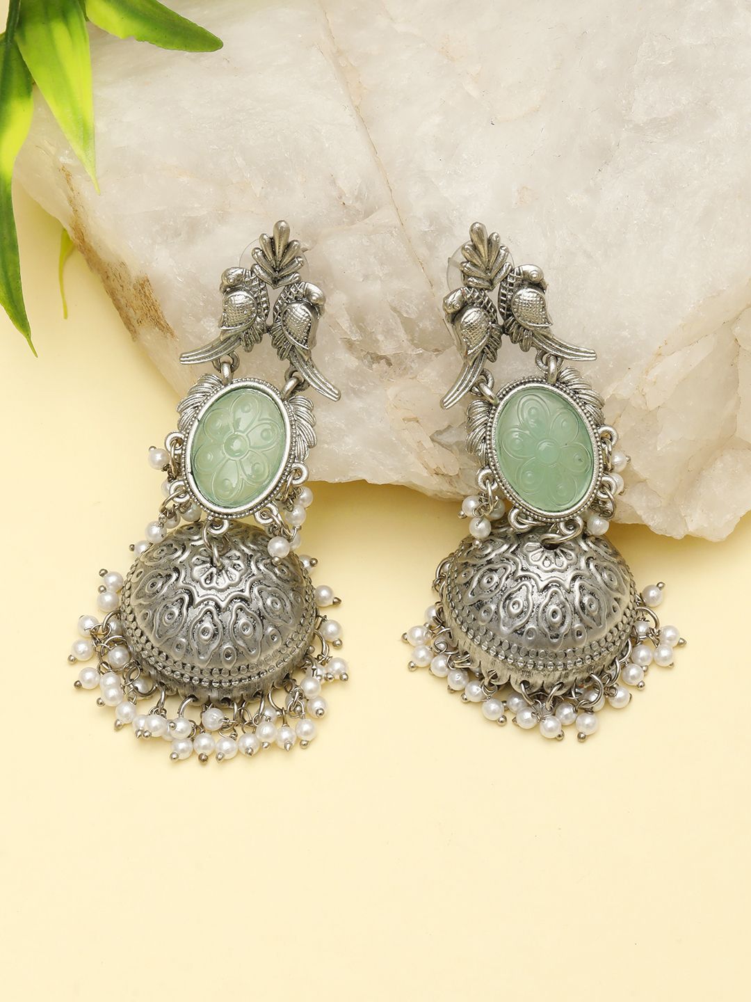 VIVAZS Silver-Plated Artificial Stones & Beads Beaded Oxidised Dome Shaped Jhumkas-picture-28