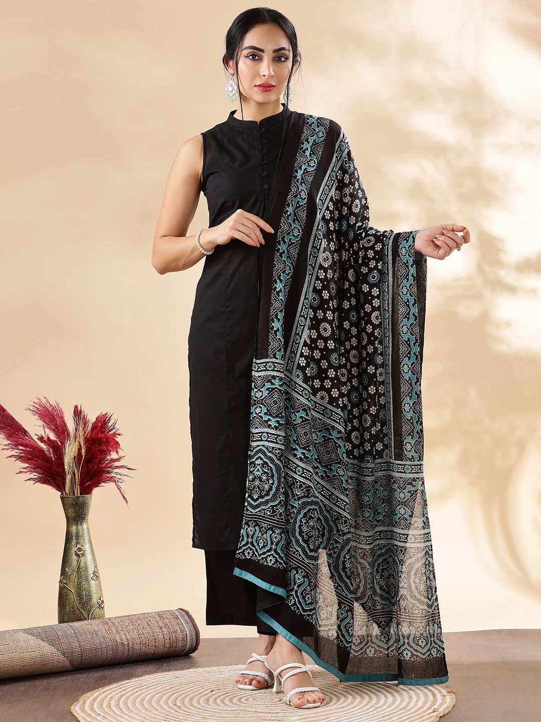 Anouk Women Solid Cotton Kurta with Palazzo & Dupatta