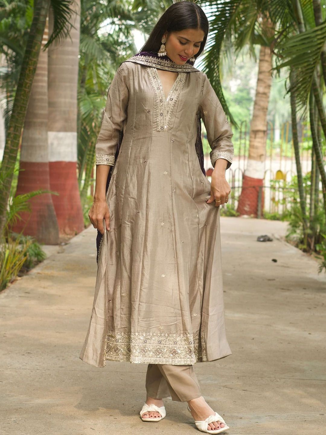 MOKOSH Floral Embroidered Panelled Sequinned Silk Anarkali Kurta With Trouser & Dupatta