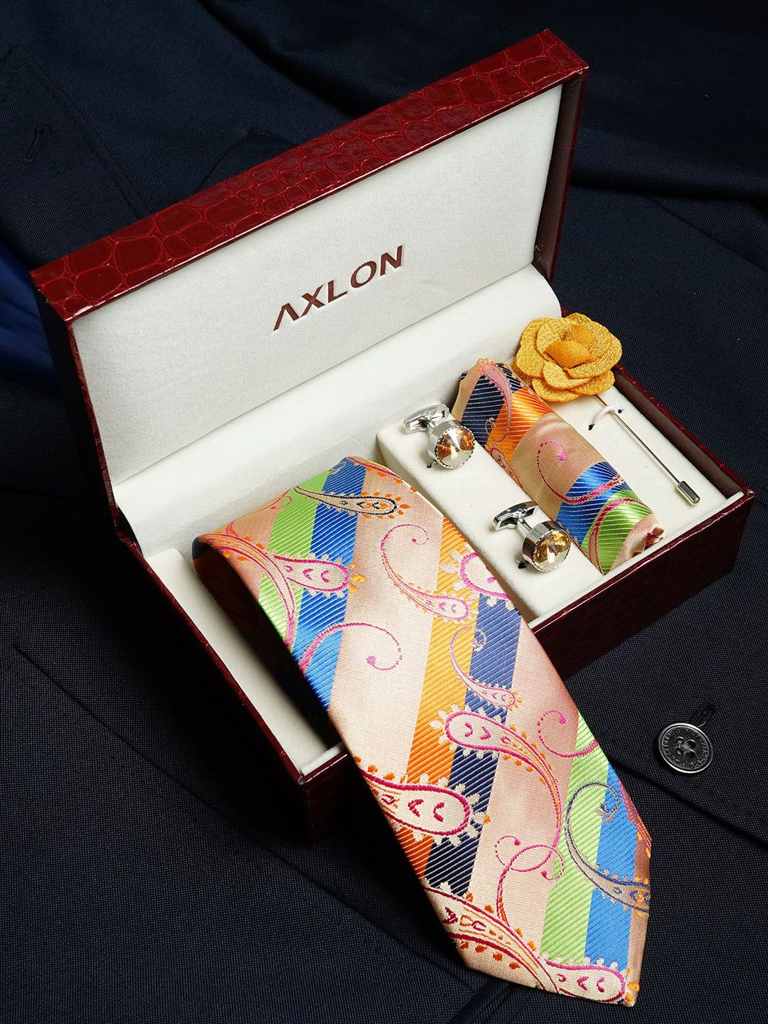 AXLON Men Tie Pocket Square Cufflink & Flower Pin Accessory Gift Set-image-12