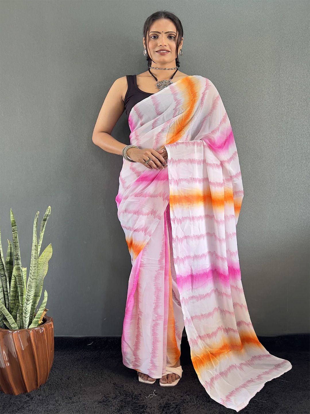 HERE&NOW Women Tie and Dye Pure Georgette Ready to Wear Saree-picture-24