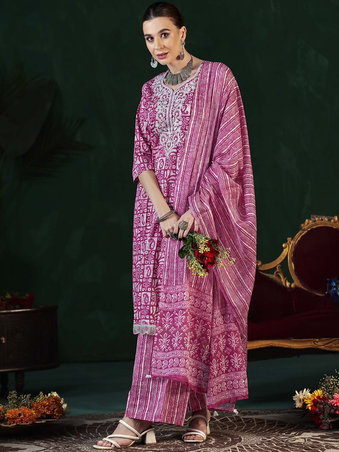 Anouk Ethnic Motif Printed Sweetheart Neck Thread Work Pure Cotton Kurta Palazzo & Dupatta