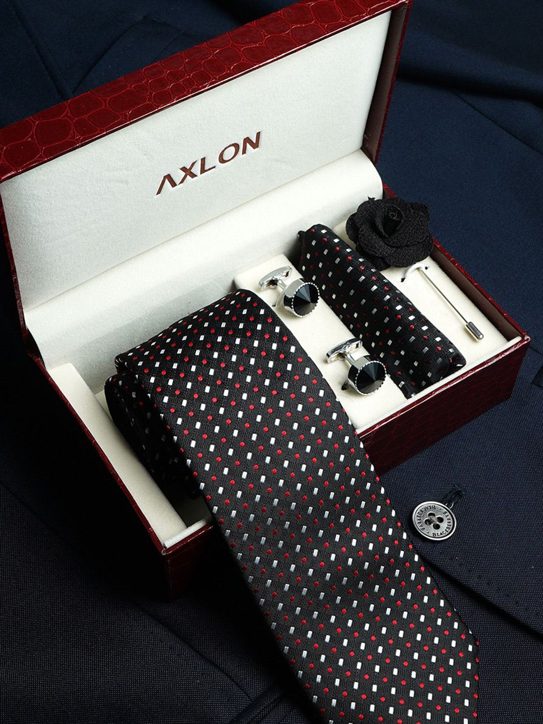 Axlon Men Geometric Tie, Cufflinks, Flower Pin & Pocket Square Accessory Gift Set-picture-24