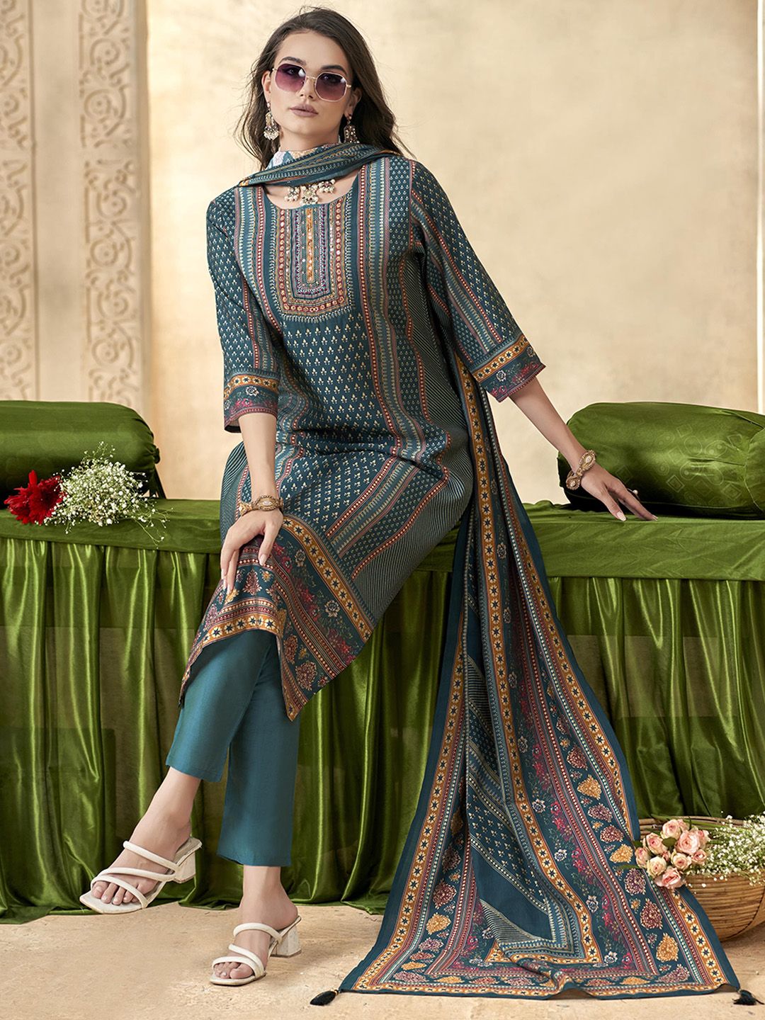 Anouk Women Printed Pure Silk Kurta with Trousers & Dupatta