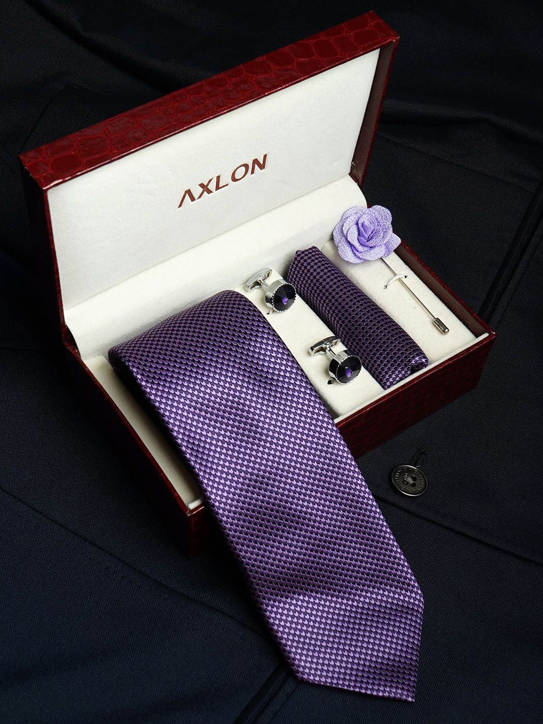 AXLON Men Geometric Tie Pocket Square Cufflink & Flower Pin Accessory Gift Set-picture-16