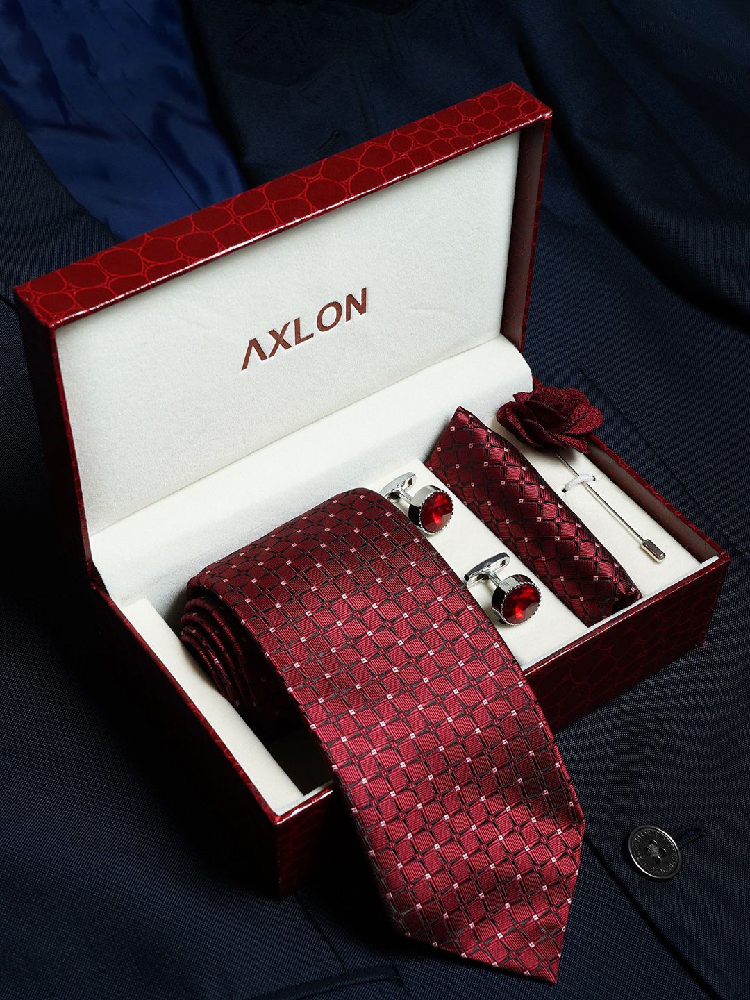 Axlon Men Geometric Tie, Cufflinks, Flower Pin & Pocket Square Accessory Gift Set-picture-23