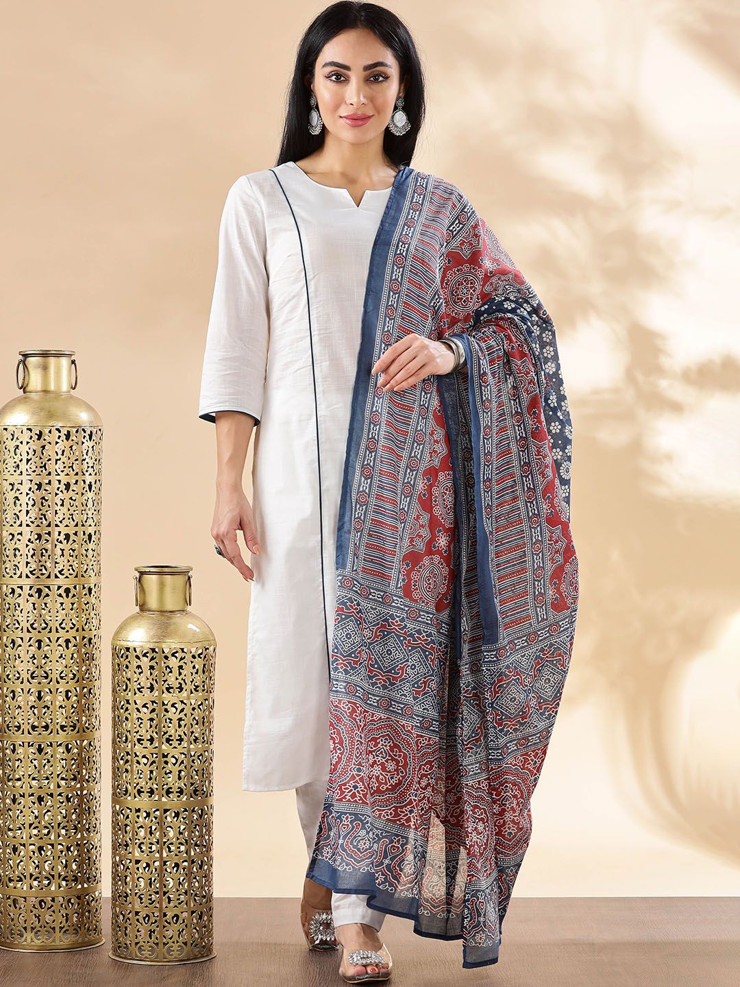 Anouk Women Solid Cotton Kurta with Trousers & Dupatta